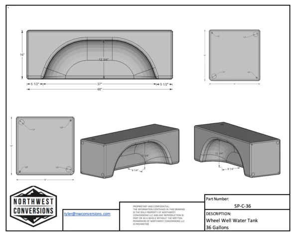 NW Conversions 36 Gallon Wheel Well Water Tank - Centered (SP-C-36).