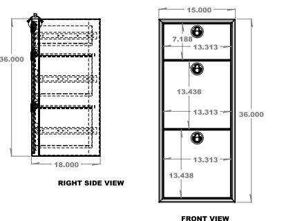 15" Three Drawer Base Cabinet: 15" Length x 18" Deep x 36" Height.