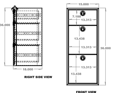 15" Three Drawer Base Cabinet: 15" Length x 18" Deep x 36" Height.