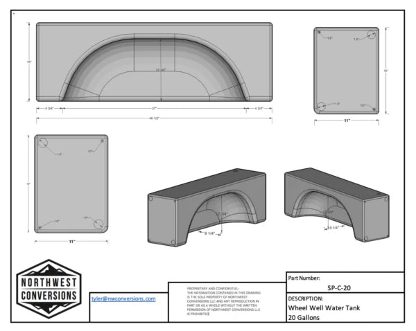 NW Conversions 20 Gallon Wheel Well Water Tank - Centered (SP-C-20).
