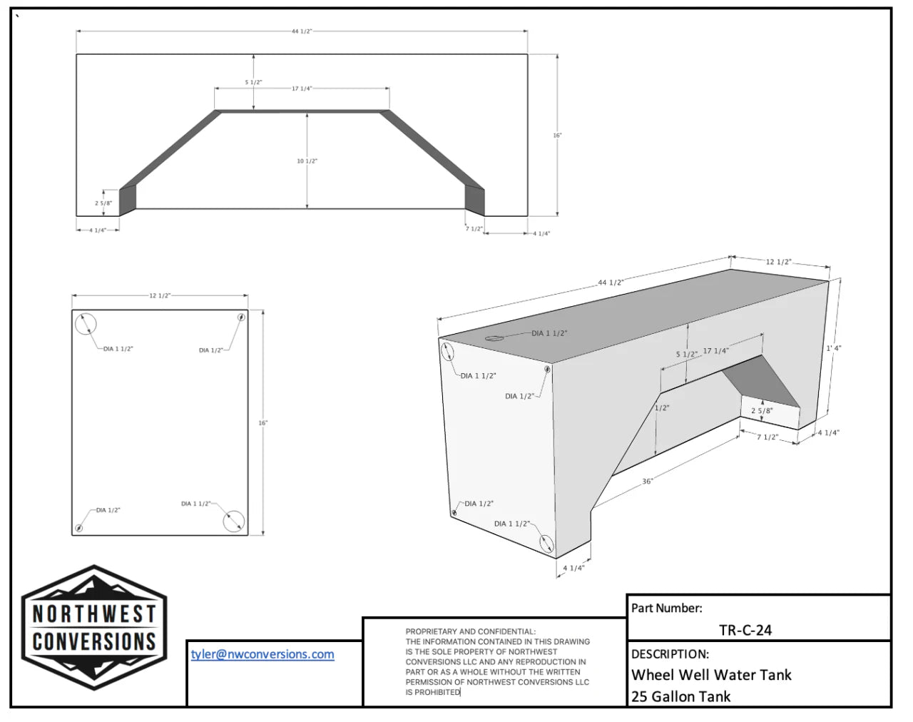 NW Conversions 25 Gallon Ford Transit Wheel Well Water Tank - Center (TR-C-24).